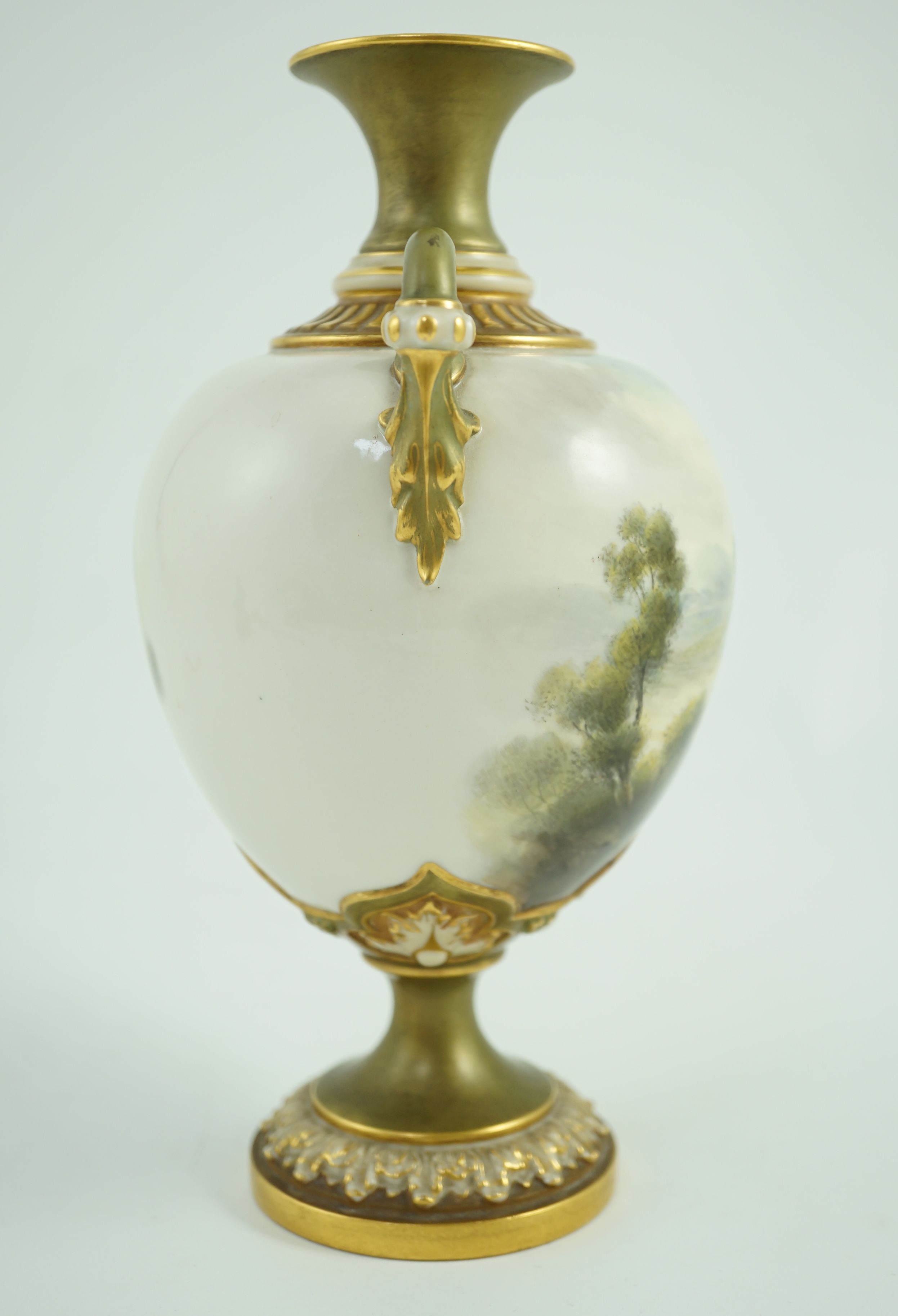 A Royal Worcester two handled vase painted with Caerphilly Castle by C. Johnson, c.1912, 21.5cm tall